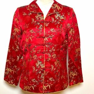 Asian Silk Red Gold Floral Women’s Jacket Blazer Size XXL Frog Button Closure